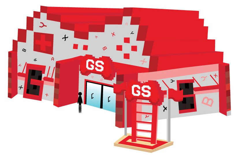 Re-branded Game Stop exterior depicting retro gaming elements and a controller-shaped roof.