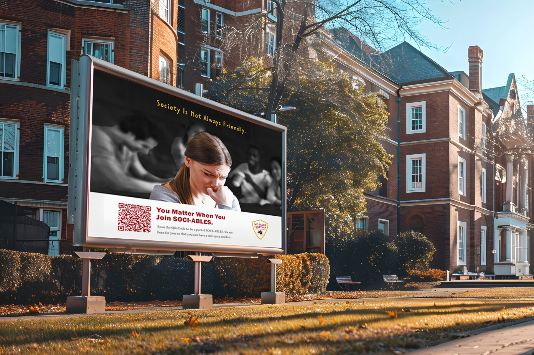 SOCI-ABLES advertisement poster on college campus.
