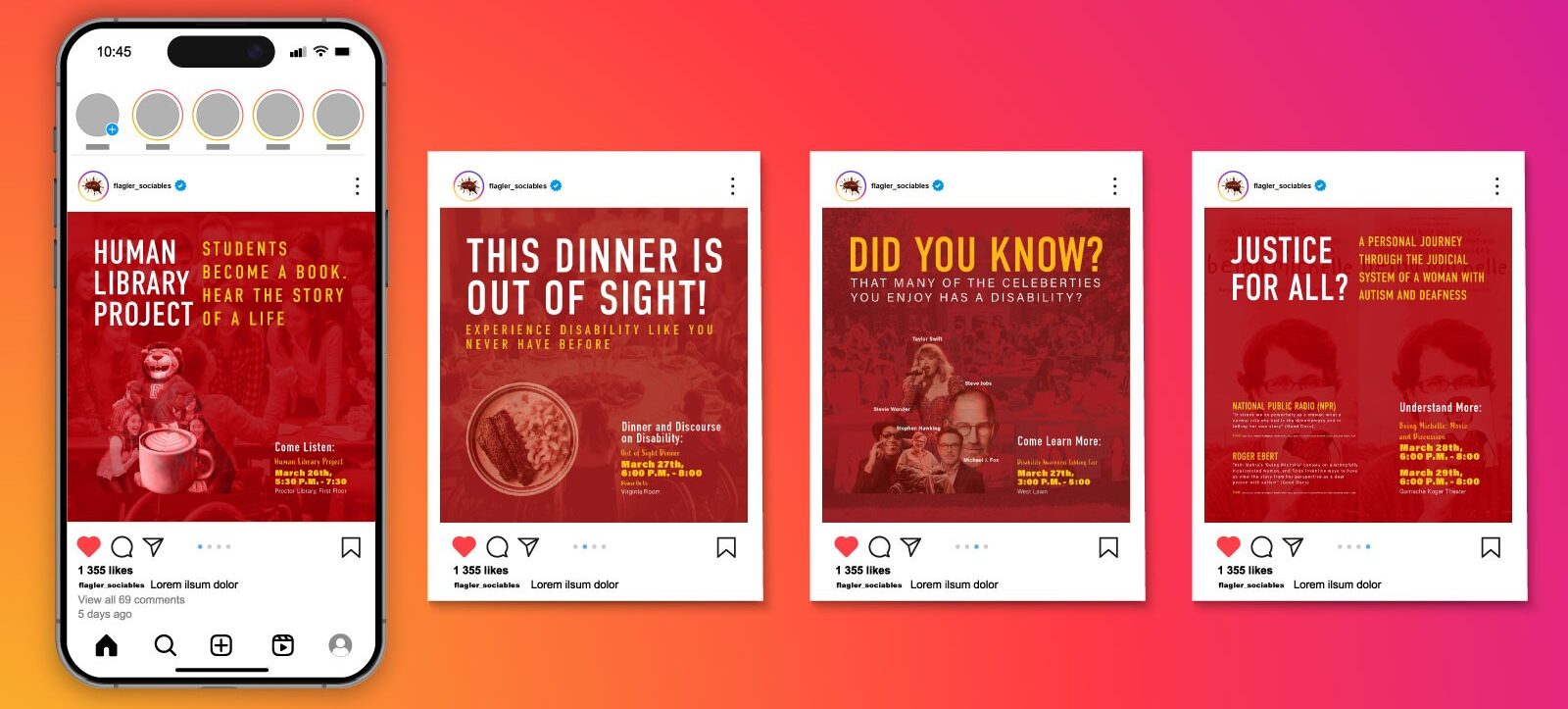 Mock-Up Four social media screens of the Disability Awareness Week campaign.