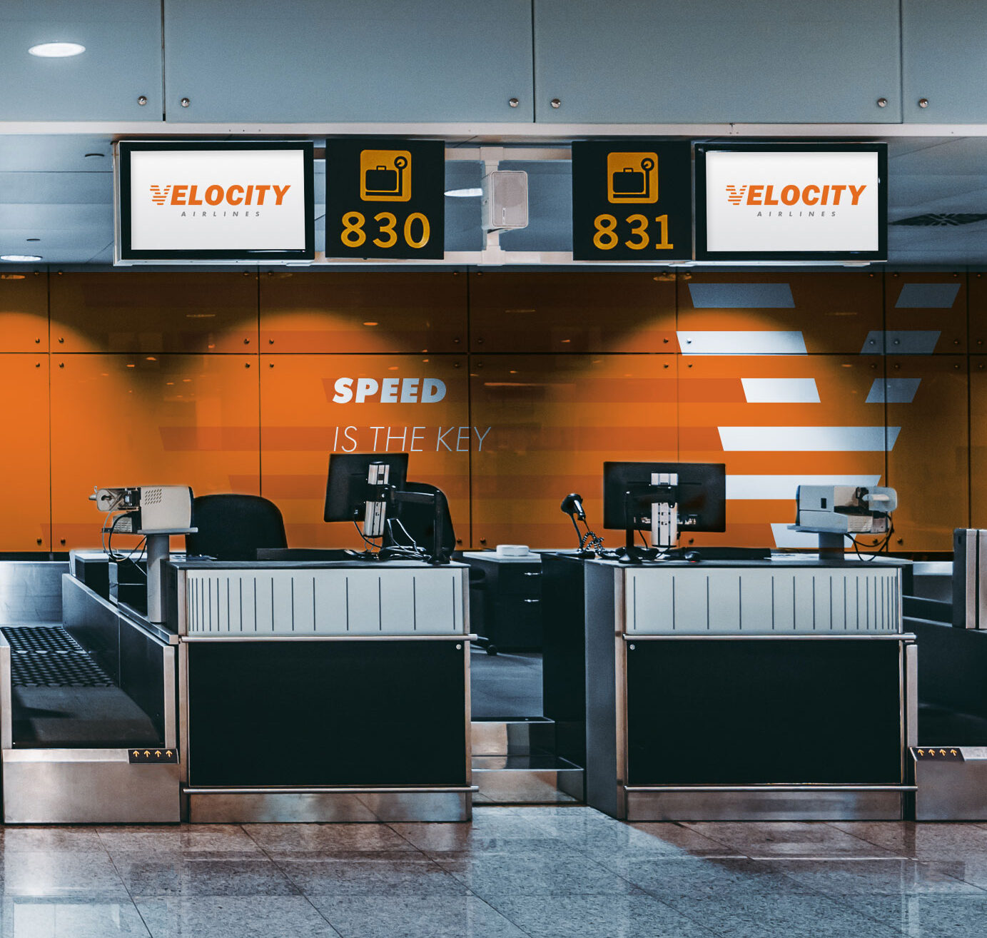 Baggage-Claim-Mock-Up Baggage claim backdrop with logo, dark paths follow "V's" lines, and type on the lines stating "Speed is the Key."
