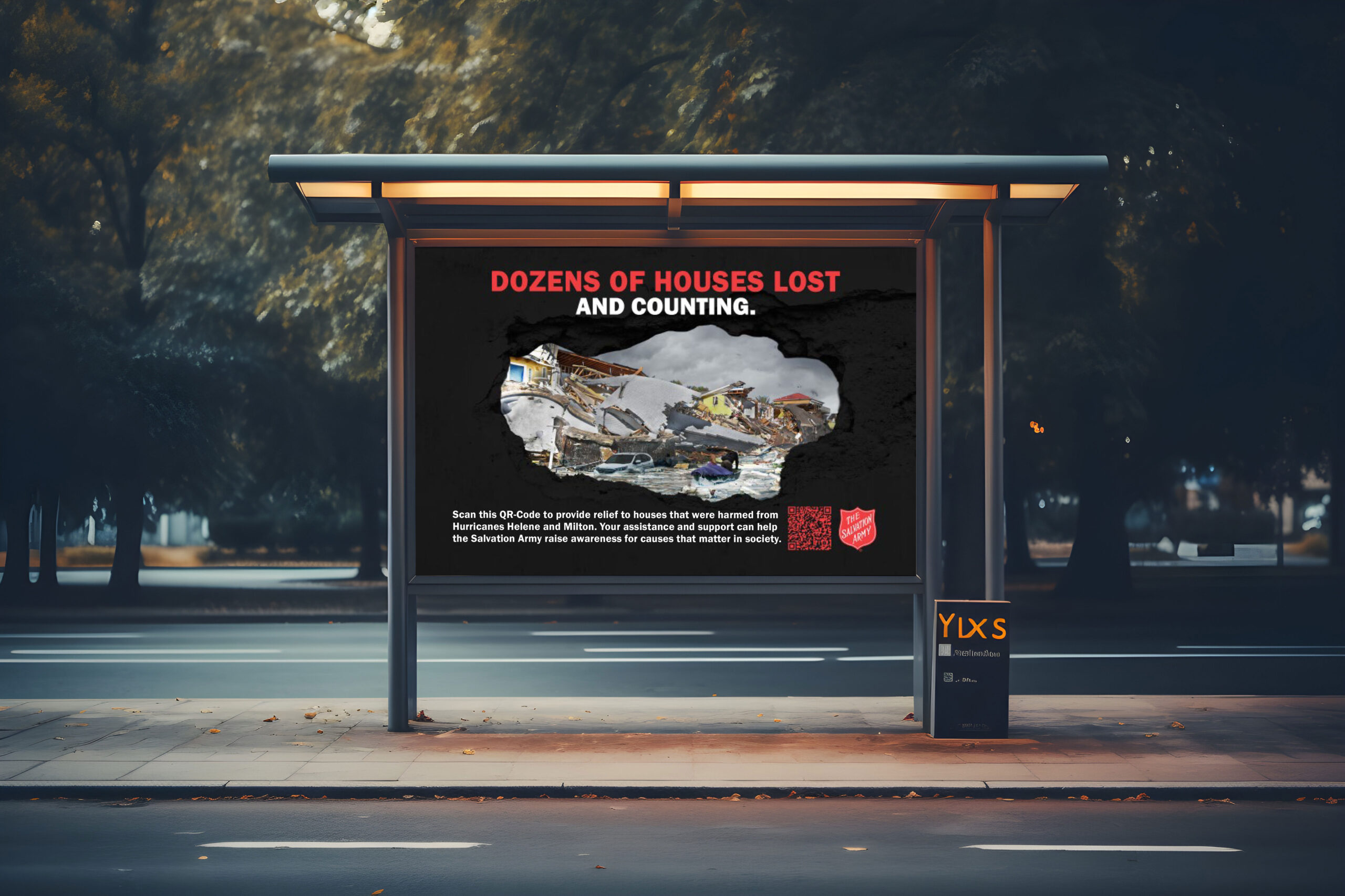 Houses-Street-Mock-Up Advertisement depicting damaged houses from hurricanes Helene and Milton.