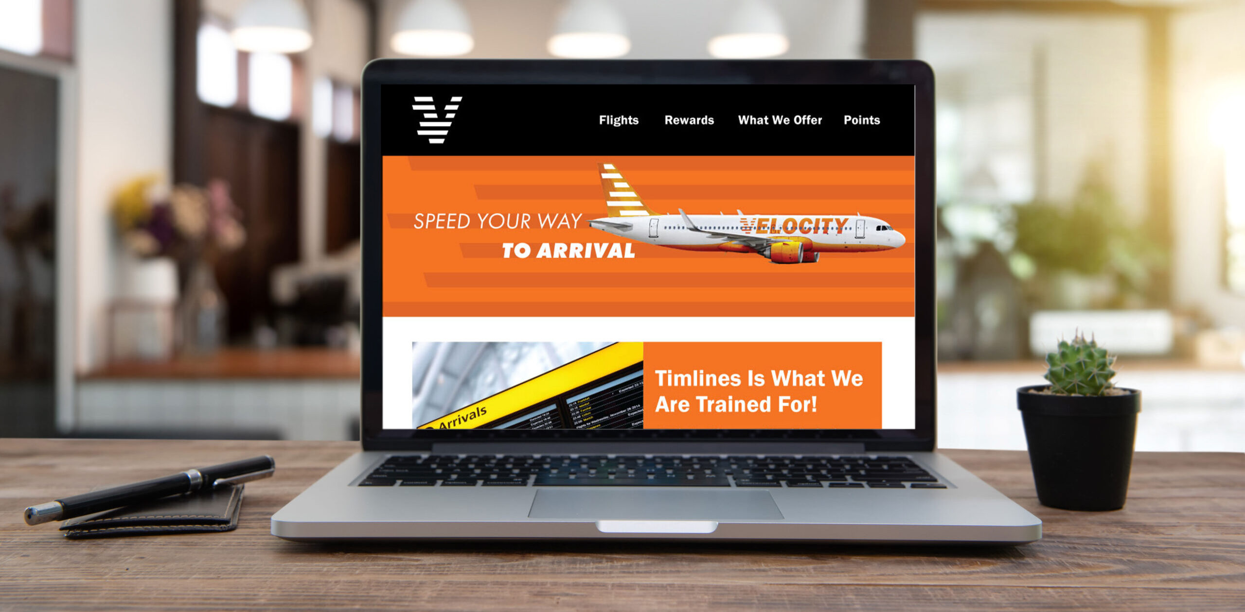 Landing-Page-Mock-Up Velocity Airlines website that has a banner stating "speed your way to arrival" following the trail of an airplane.