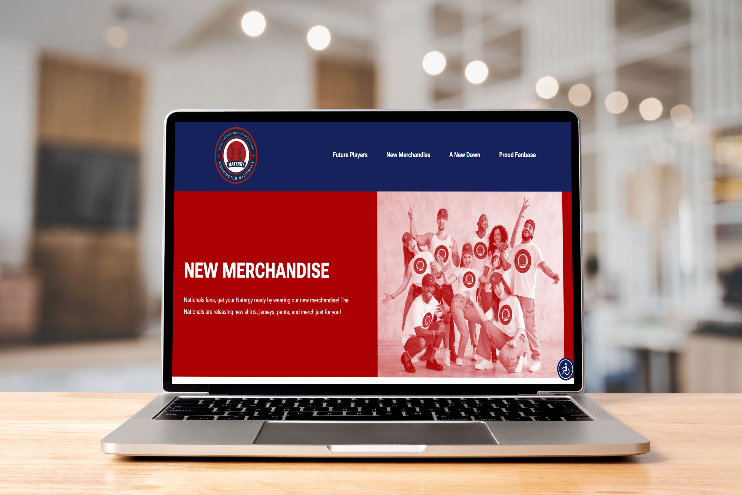 Mock-Up---1 Website home screen with new merchandise title at left and a group of fans cheering at the right.