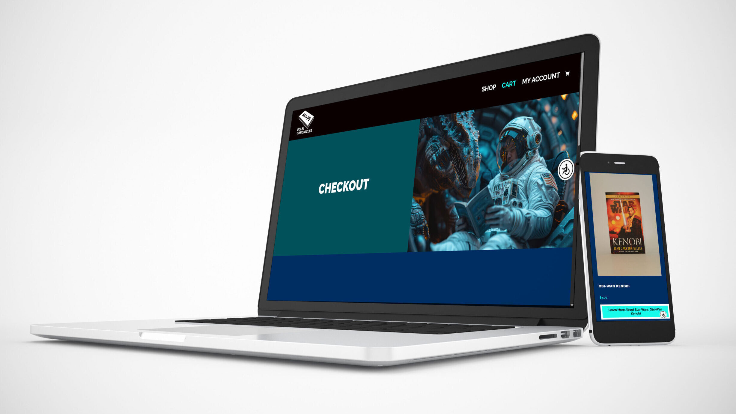 Mock-Up---5 Checkout page of Sci-Fi Chronicles page with an astronaut reading a book with a monster.