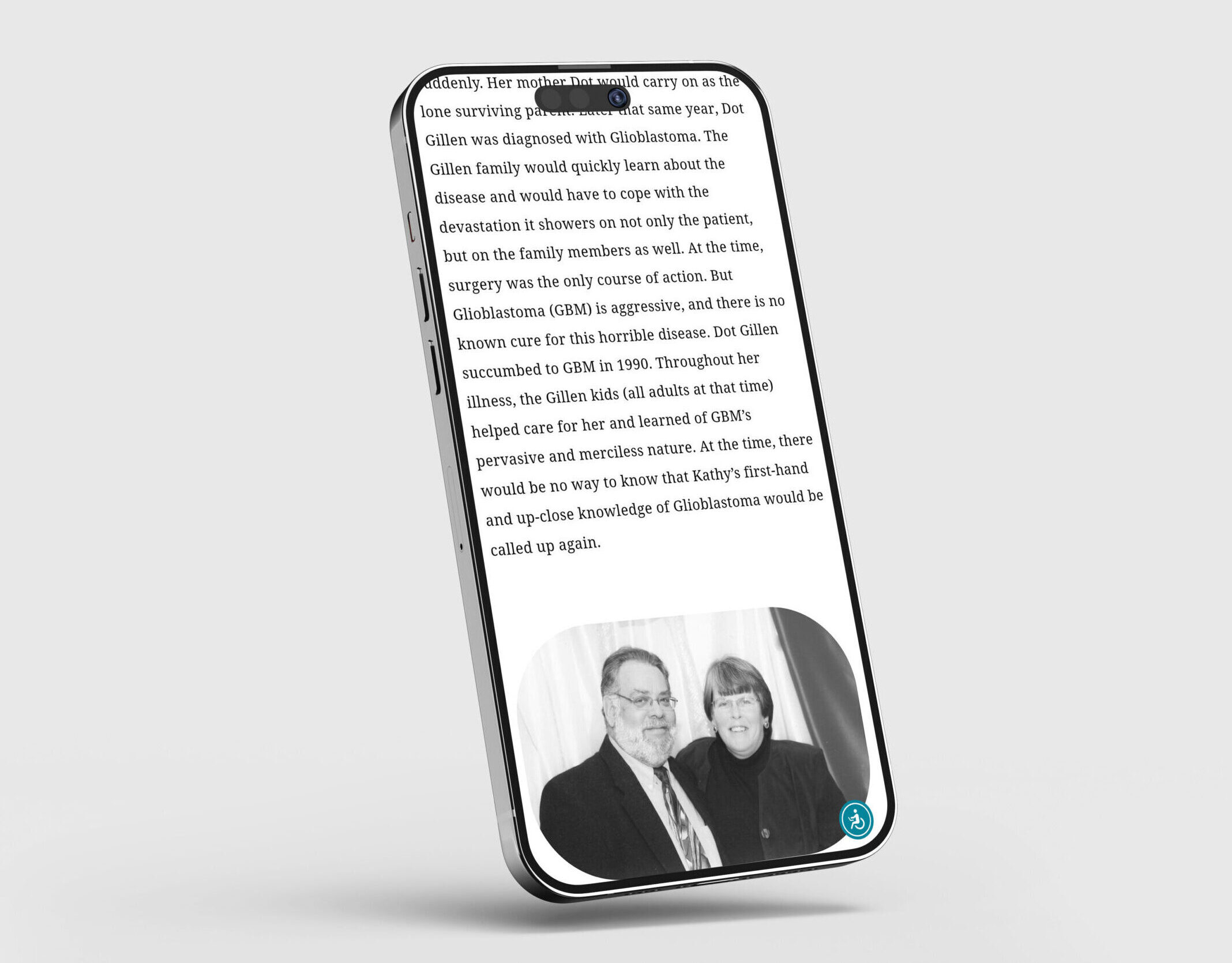 Mock-Up---6 Picture of Kathy and David Mankin together at a ceremony while the text explains Kathy's story of having GBM.