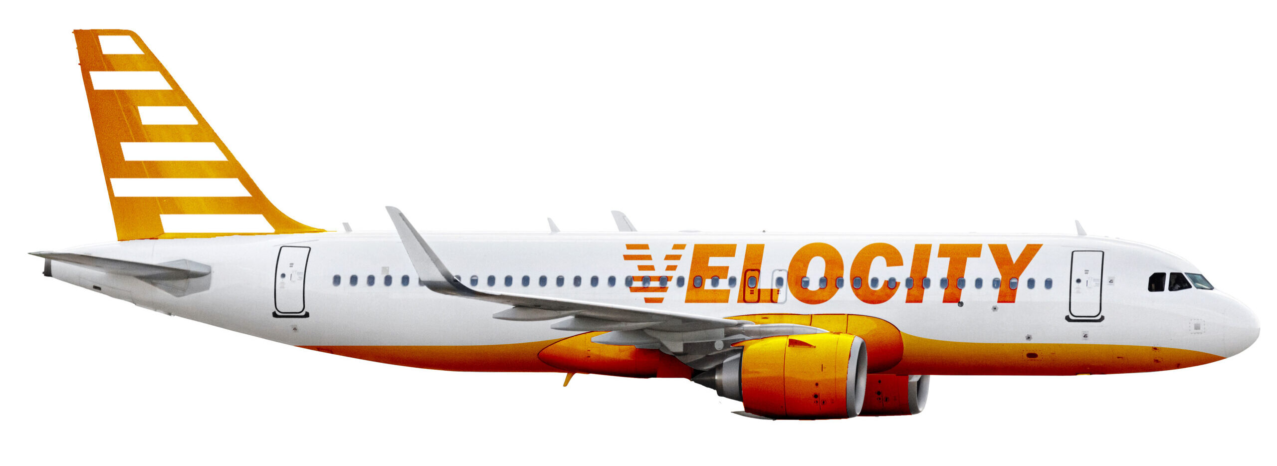Velocity-Airlines-Airplane-Design-6 Velocity Airlines airplane with orange logo and tail with moving lines